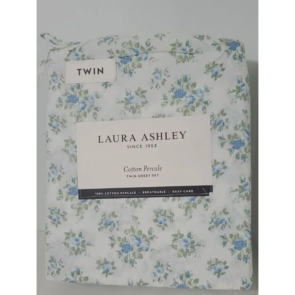 Laura Ashley Twin 100% Cotton Percale Blue Floral Sheet Set NIP